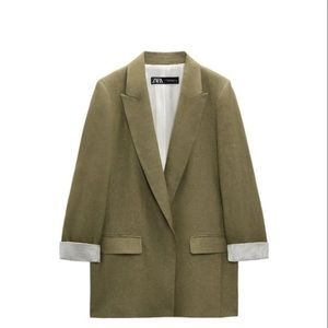 NWT ZARA LINEN BLAZER WITH PRINTED SLEEVES GREEN SIZE XS  7979/306/505